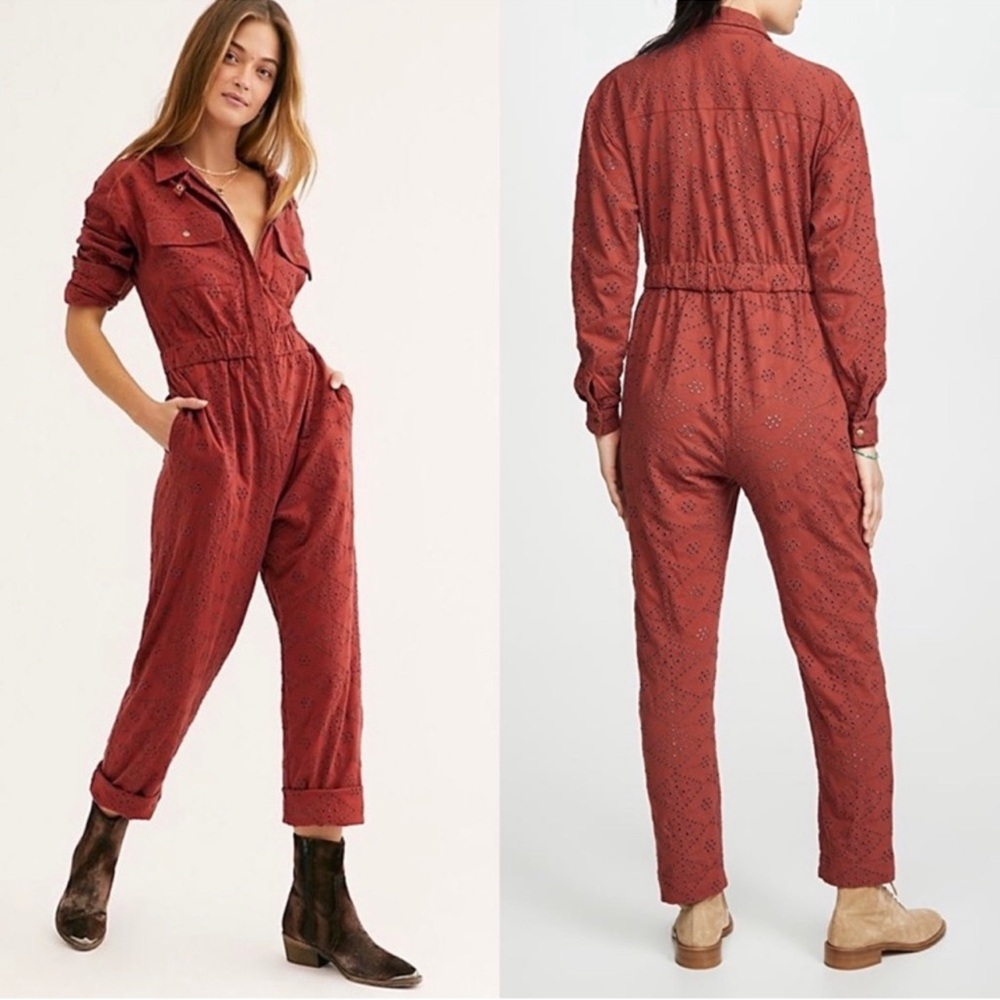 Free People Set The Tone Eyelet Long Sleeve Jumpsuit Terracotta Red Women's Sz 4